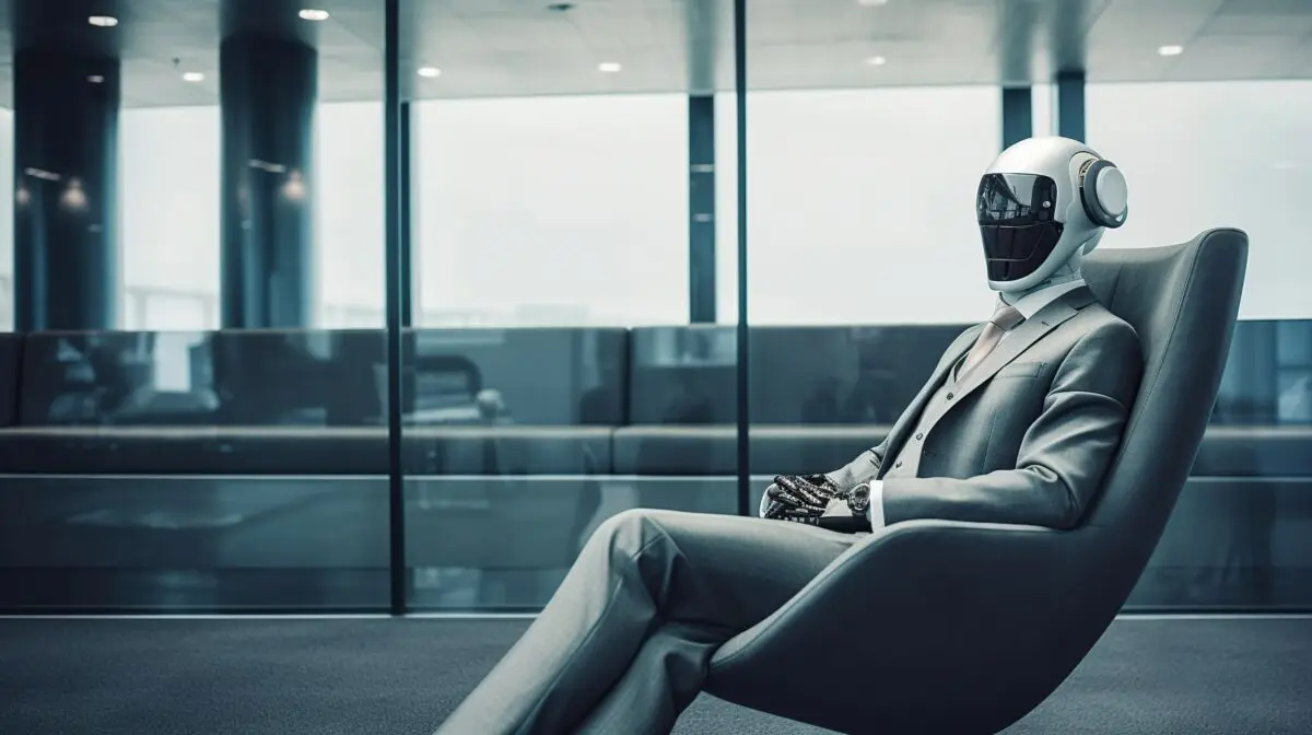 A humanoid robot wearing a business suit sits in a chair within a modern office setting.