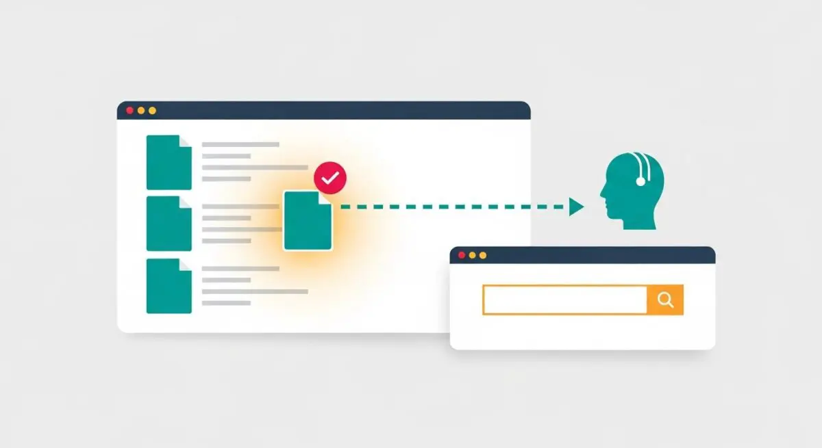 AI assesses documents for content detection, showing a checkmark on a document and a search bar.