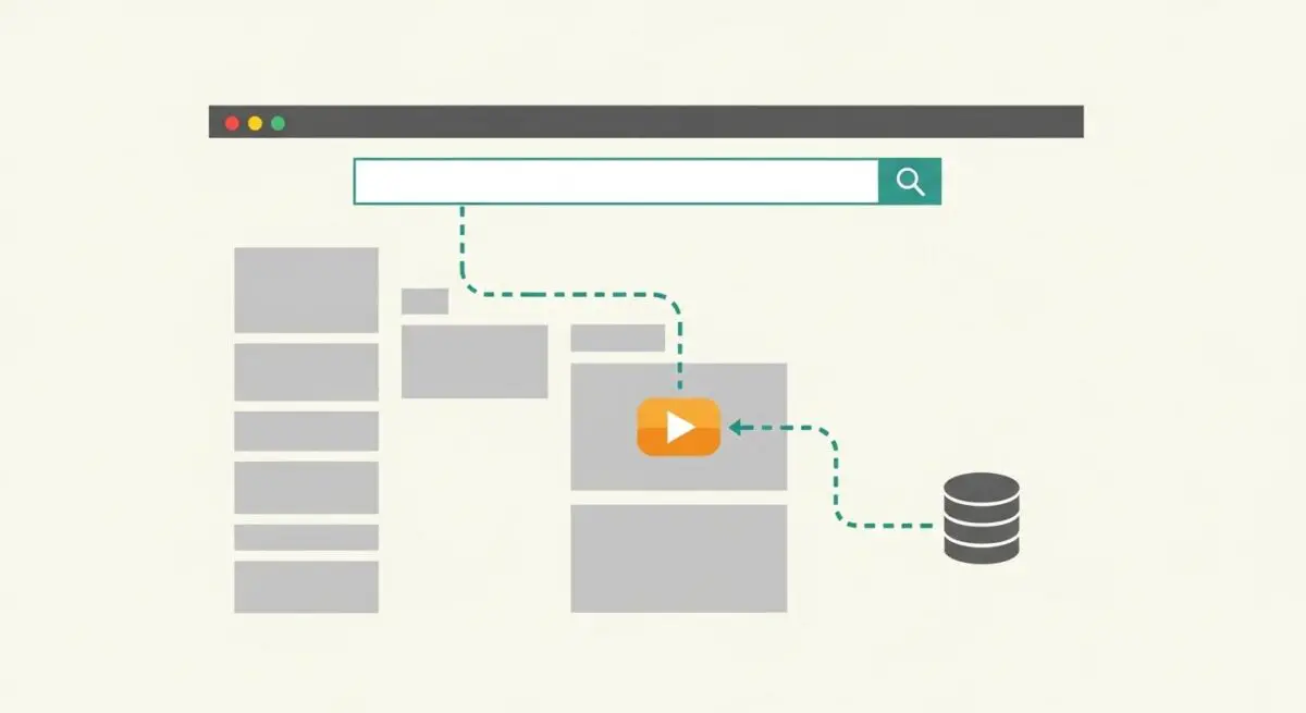 Diagram illustrating AI content operations with a search bar, content blocks, a video player, and a database.