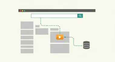 Diagram illustrating AI content operations with a search bar, content blocks, a video player, and a database.