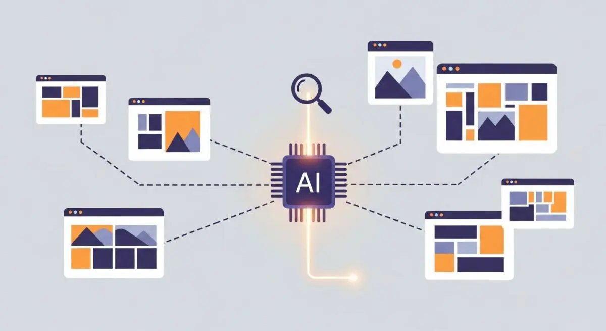 Central AI processor chip connecting to multiple browser windows displaying image layouts, symbolizing AI image generation.