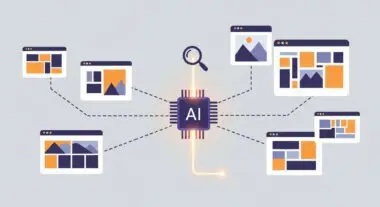 Central AI processor chip connecting to multiple browser windows displaying image layouts, symbolizing AI image generation.