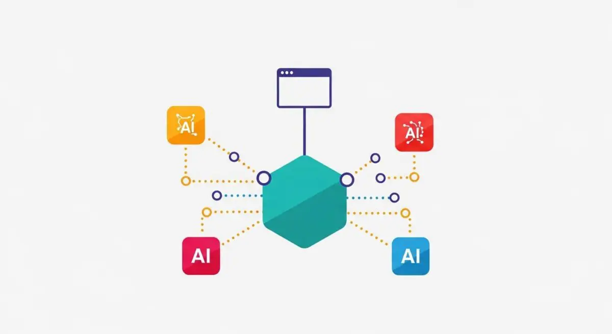 Diagram illustrating AI model routing with a central hub connecting to multiple AI icons.
