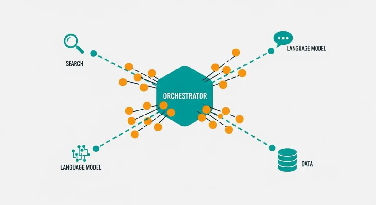 Diagram showing an orchestrator connecting search, language models, and data.