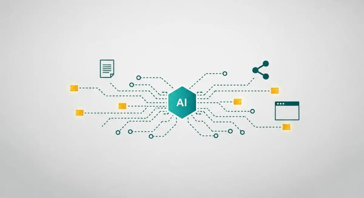 Central hexagon labeled 'AI' connects to various icons symbolizing data, sharing, and processing for AI-Powered Content Repurposing.