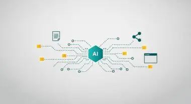 Central hexagon labeled 'AI' connects to various icons symbolizing data, sharing, and processing for AI-Powered Content Repurposing.