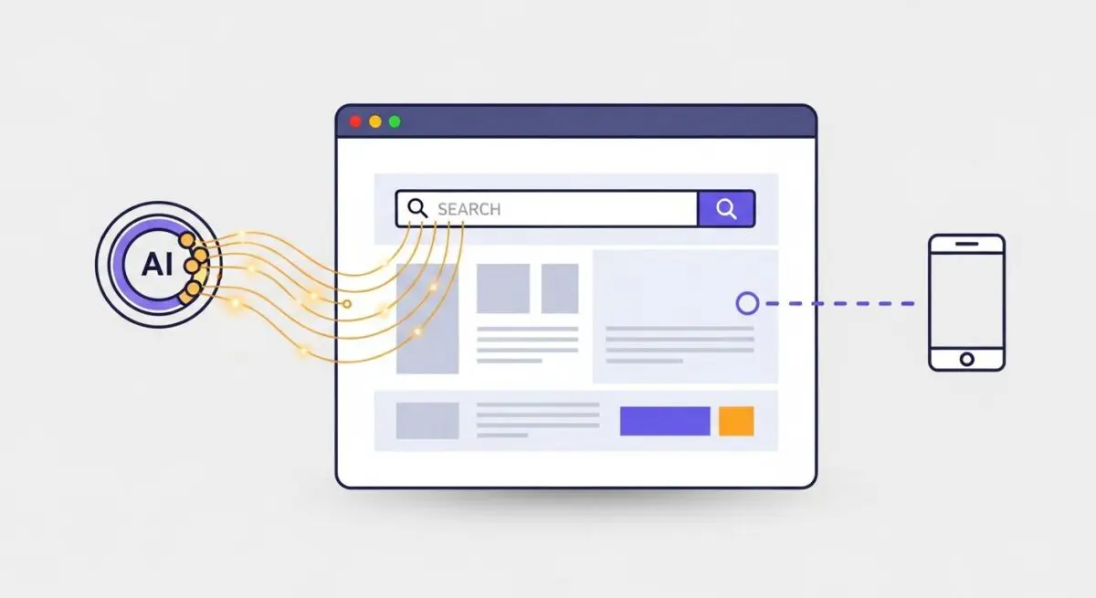 AI concept connecting to a search engine interface, suggesting SMS Automation. By Andres SEO Expert.
