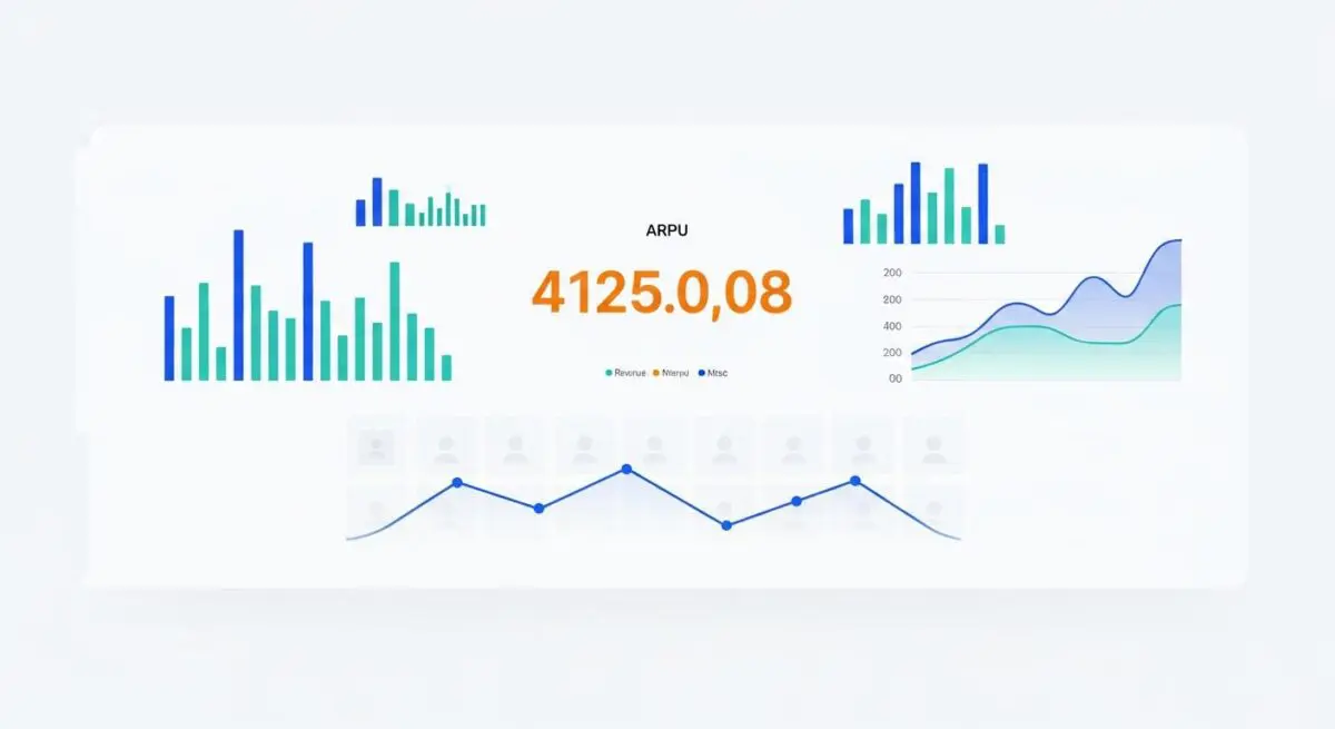Dashboard showing key metrics, with a prominent display of ARPU at 4125.0,08 and various charts.