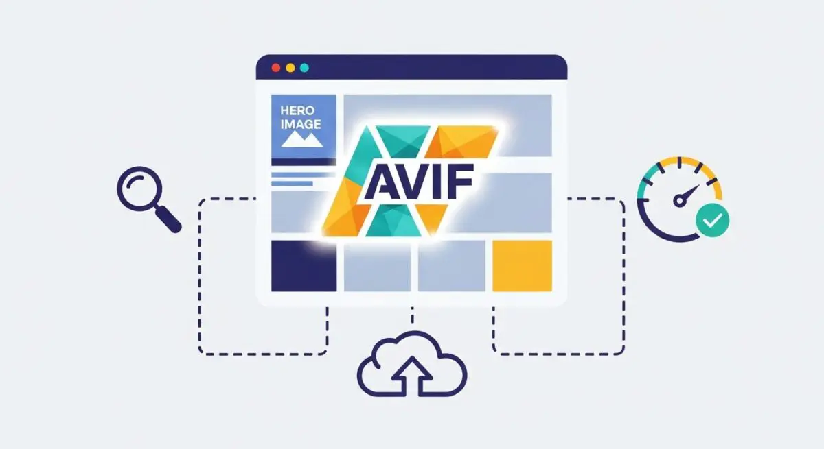 Abstract design showcasing the AVIF logo integrated into a website interface, suggesting web performance and cloud integration.