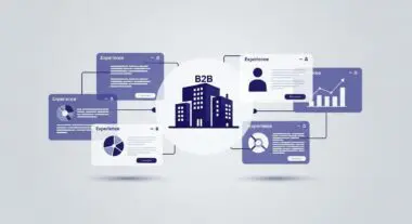 Illustration depicting Account-Based Experience (ABX) with B2B focus and data visualization cards.