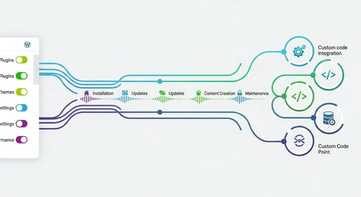 Diagram illustrating WordPress action hooks connecting installation, updates, content creation, and maintenance to custom code integration and points.