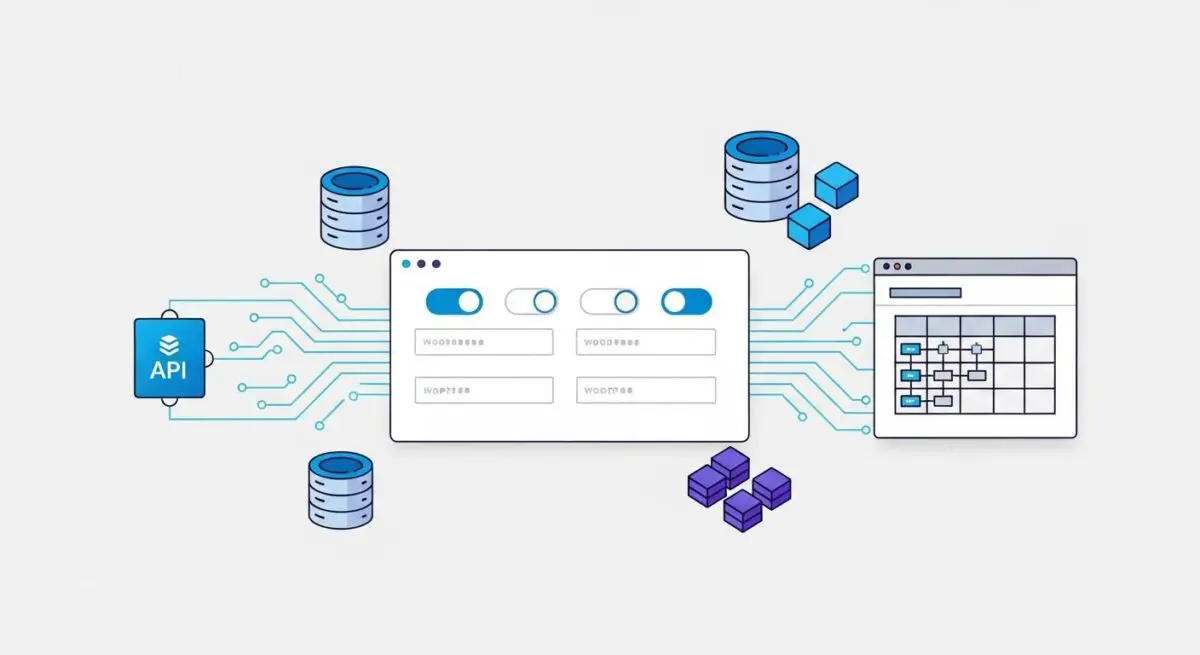 Illustration showing API connecting to data fields and a structured layout, representing Advanced Custom Fields.