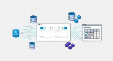Illustration showing API connecting to data fields and a structured layout, representing Advanced Custom Fields.