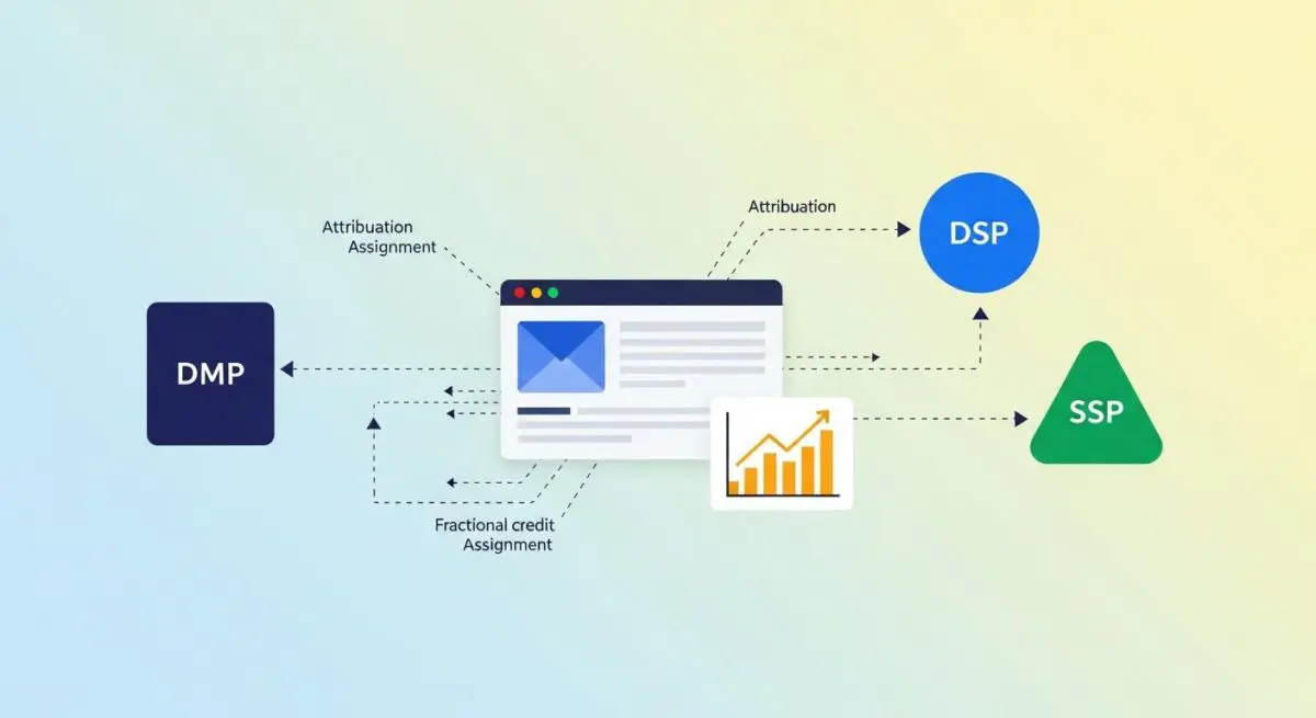 Diagram illustrating the flow of advertising technology, showing DMP, DSP, and SSP interactions for attribution.
