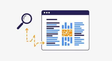 Magnifying glass analyzing fragmented data on a screen, illustrating algorithmic bias.