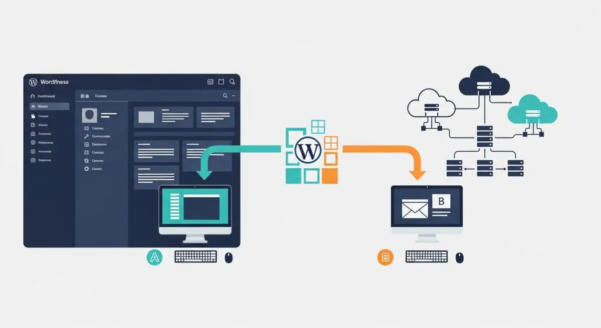 Diagram illustrating All-in-One WP Migration process, showing data transfer from one server to another via cloud.