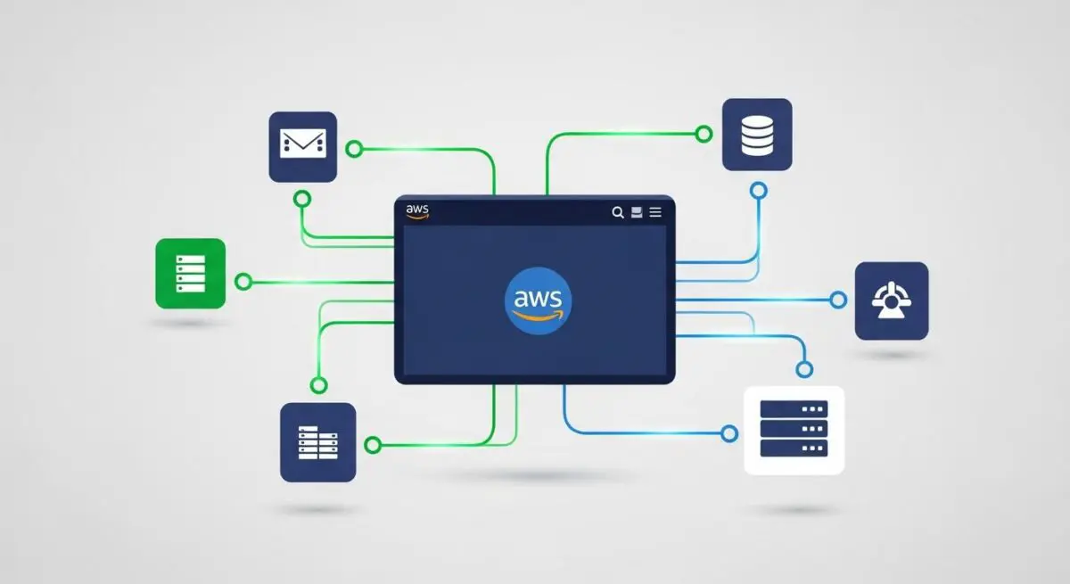 Diagram illustrating Amazon Web Services (AWS) cloud computing services connected via a central hub.