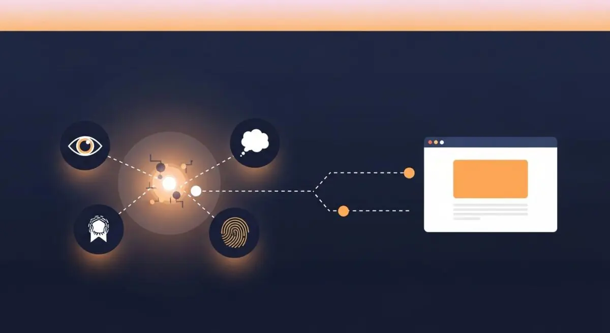 Conceptual icons for eye, thought bubble, fingerprint, and award connect to a website interface, illustrating ambient marketing strategies.