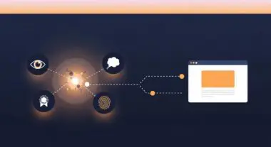 Conceptual icons for eye, thought bubble, fingerprint, and award connect to a website interface, illustrating ambient marketing strategies.