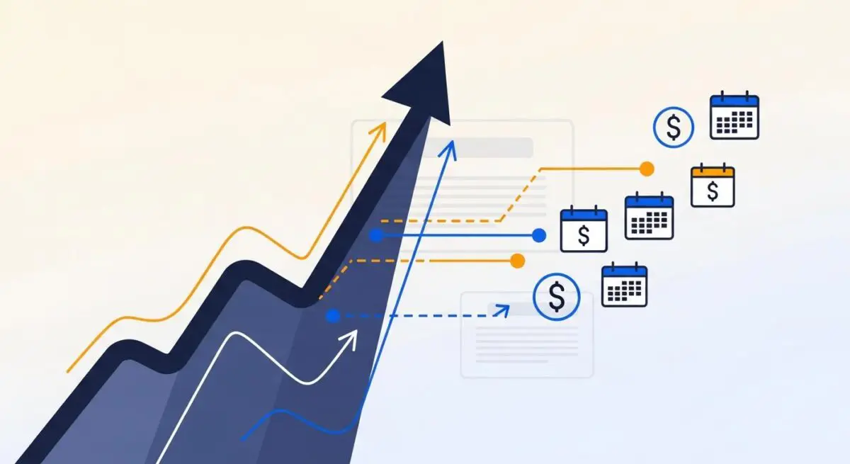 Illustration showing a rising arrow symbolizing growth in Annual Recurring Revenue (ARR), with calendar and dollar icons.