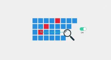 Magnifying glass highlights red squares in a grid, indicating anomaly detection is active.