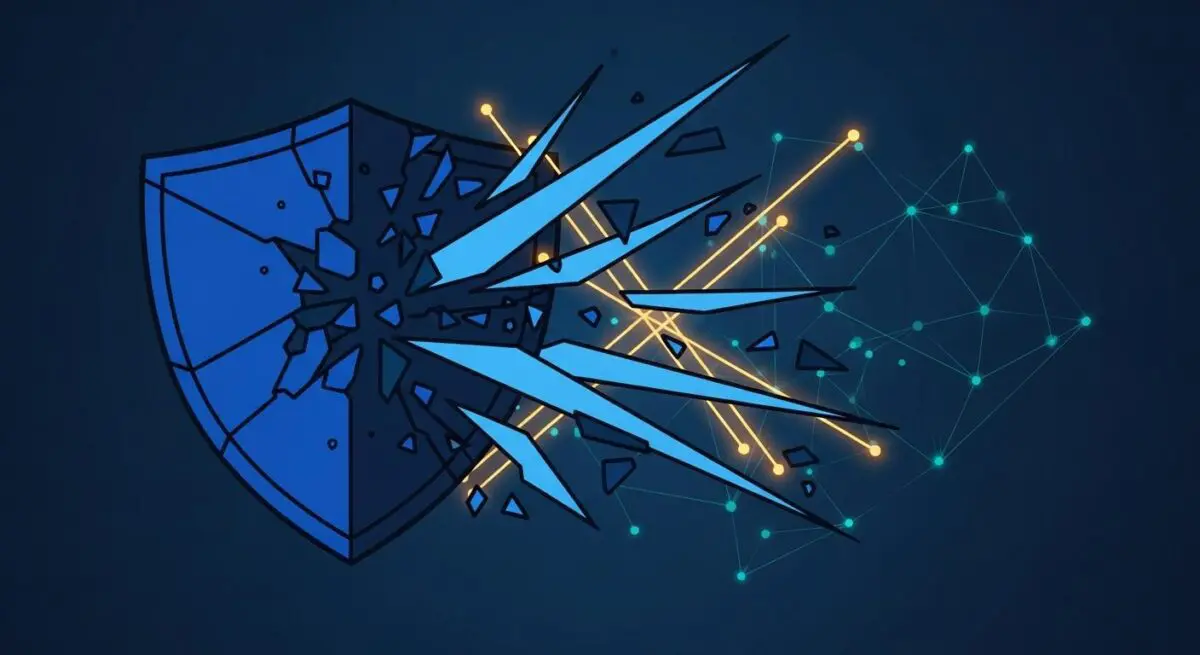Shattered shield graphic symbolizing how antivirus software is no longer enough against modern threats.