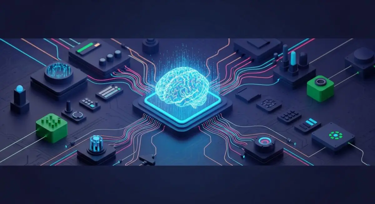 Abstract illustration depicting the integration of a digital brain with interconnected devices, symbolizing Artificial Intelligence of Things (AIoT).