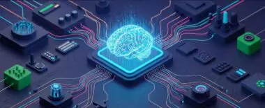 Abstract illustration depicting the integration of a digital brain with interconnected devices, symbolizing Artificial Intelligence of Things (AIoT).
