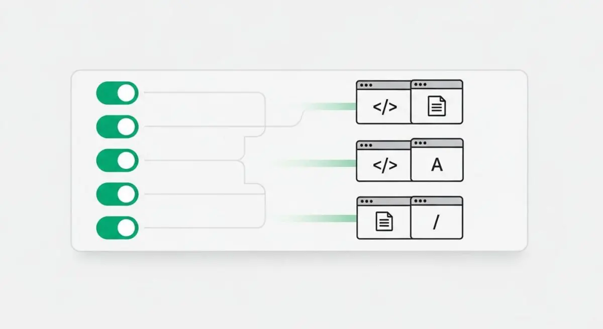 Toggle switches connected to code and document icons, illustrating asset clean up.