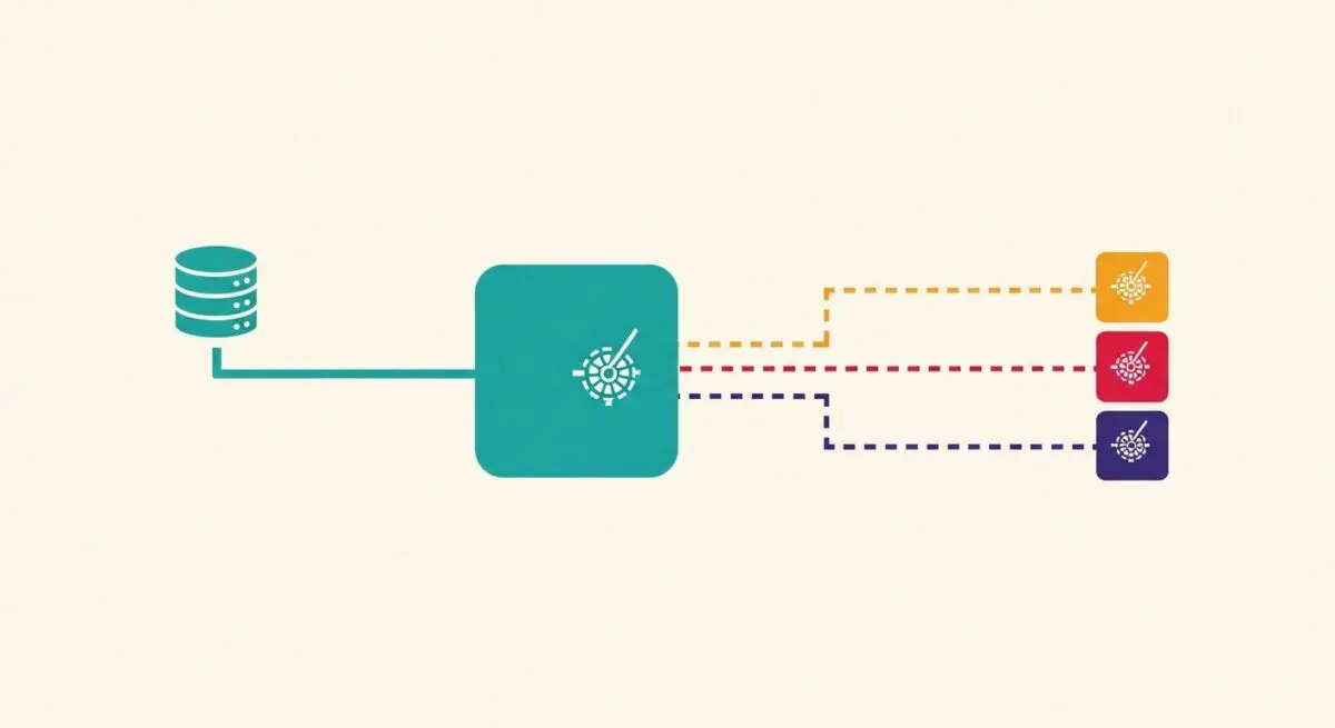 Diagram showing a database connecting to a central processing unit, which then dispatches tasks asynchronously to multiple endpoints.