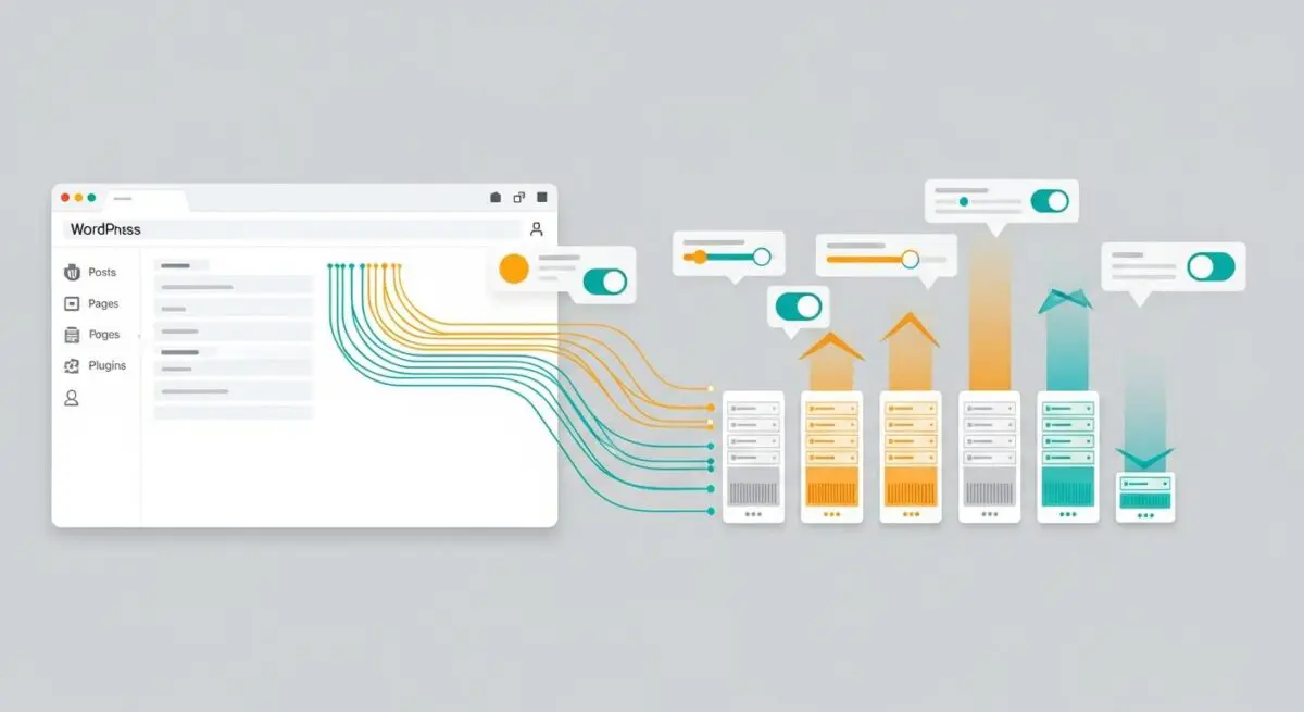Visual representation of a WordPress dashboard controlling auto-scaling server infrastructure for dynamic resource allocation.