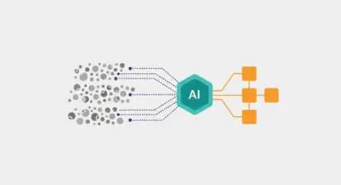 Abstract representation of data points flowing into an AI hexagon, leading to structured outputs, symbolizing automated insight extraction.