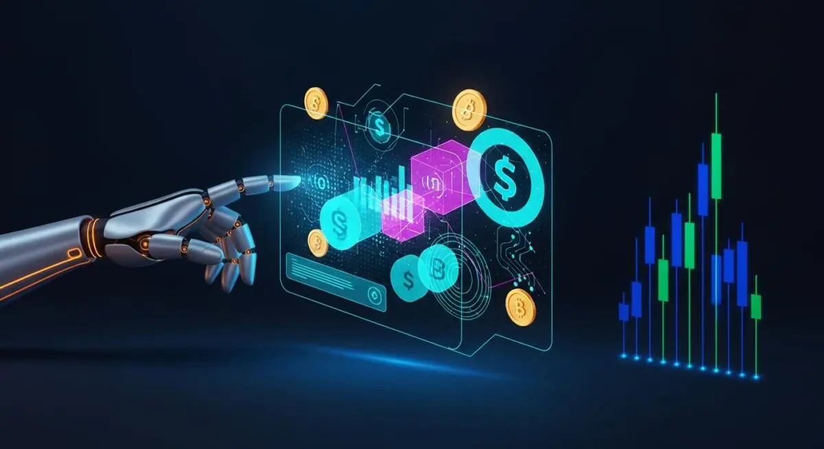 Robotic hand interacting with a futuristic interface showing financial charts and crypto symbols, illustrating automated tax reporting.