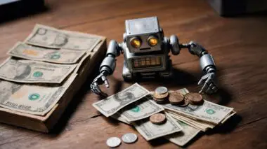 A small retro toy robot with glowing eyes sits on a wooden table surrounded by stacks of US dollar bills and coins.