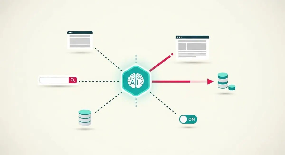 AI brain hub connecting search bar, web pages, and databases for autonomous task execution.