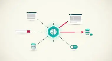 AI brain hub connecting search bar, web pages, and databases for autonomous task execution.