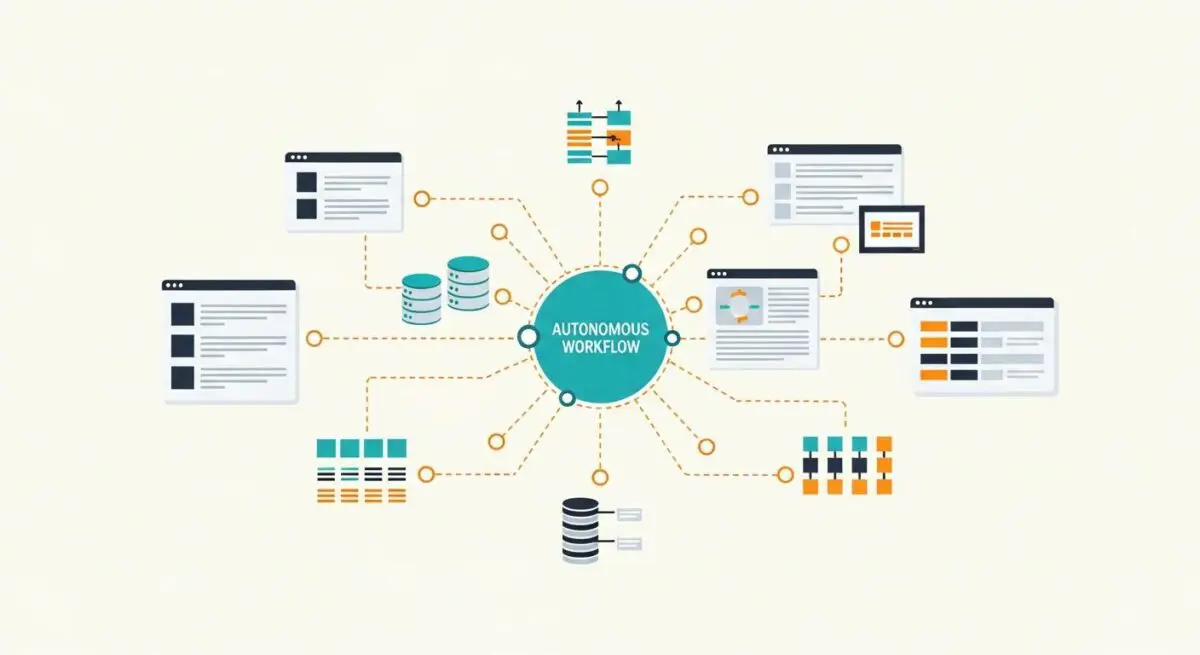 Central hub labeled 'AUTONOMOUS WORKFLOW' connected to various data and task icons representing automated processes.