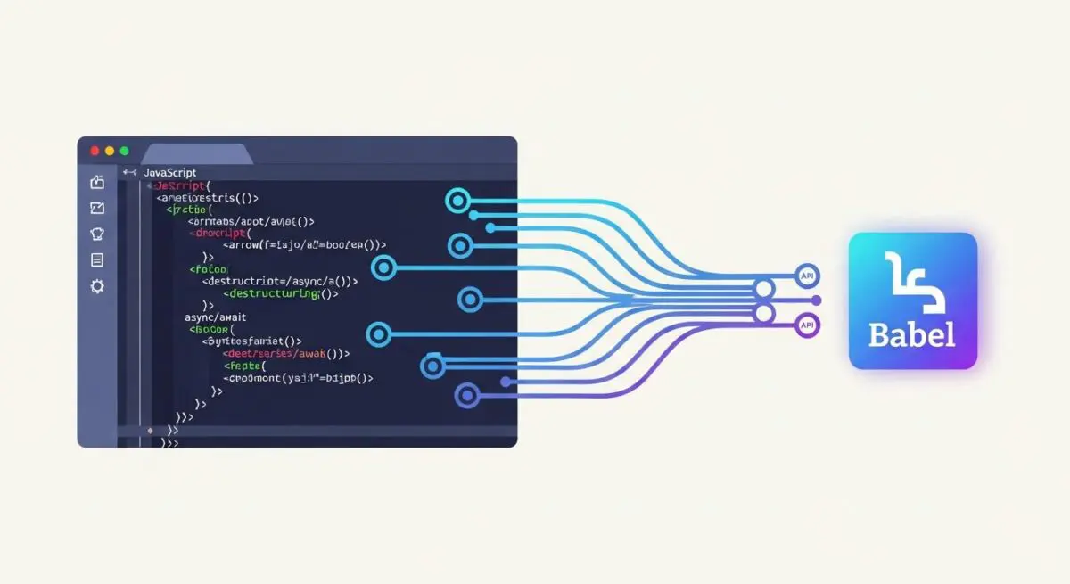 JavaScript code flowing into the Babel logo, illustrating code compilation and API integration.