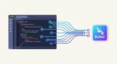 JavaScript code flowing into the Babel logo, illustrating code compilation and API integration.