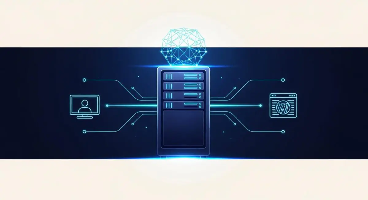Diagram illustrating a bare metal server connected to a desktop icon and a WordPress icon, symbolizing dedicated hosting power.