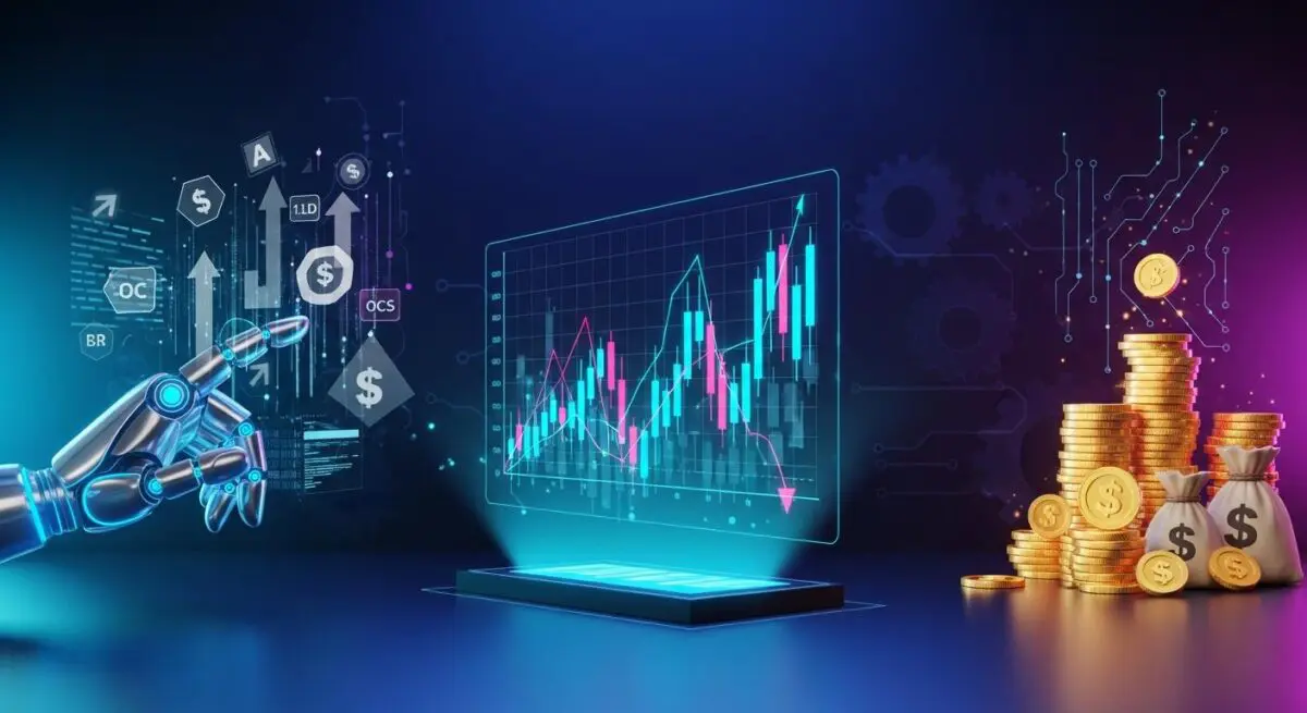 Robotic hand interacting with stock market charts, representing the best Fin-tech tools for day traders.
