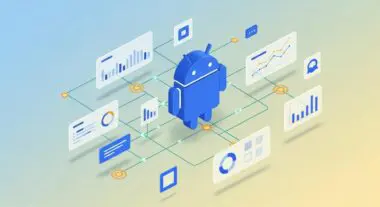 Android robot surrounded by charts, graphs, and data points representing the best Fin-tech tools.
