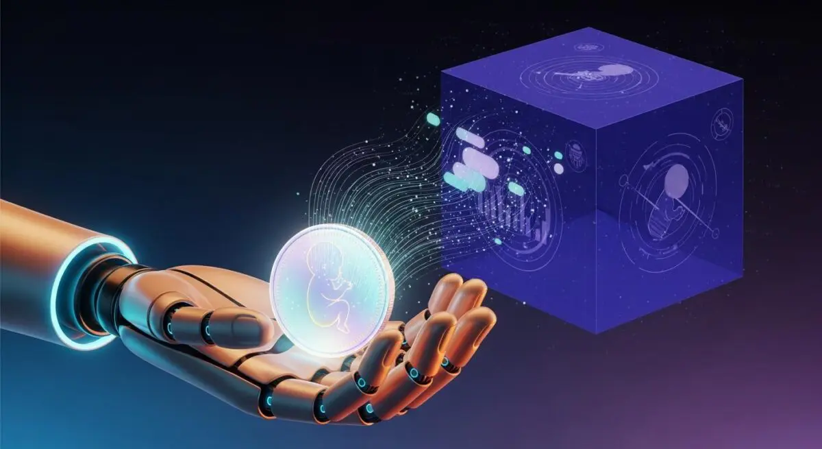 Robot hand holding a coin with a baby icon, symbolizing FinTech tools for new parents.