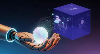 Robot hand holding a coin with a baby icon, symbolizing FinTech tools for new parents.