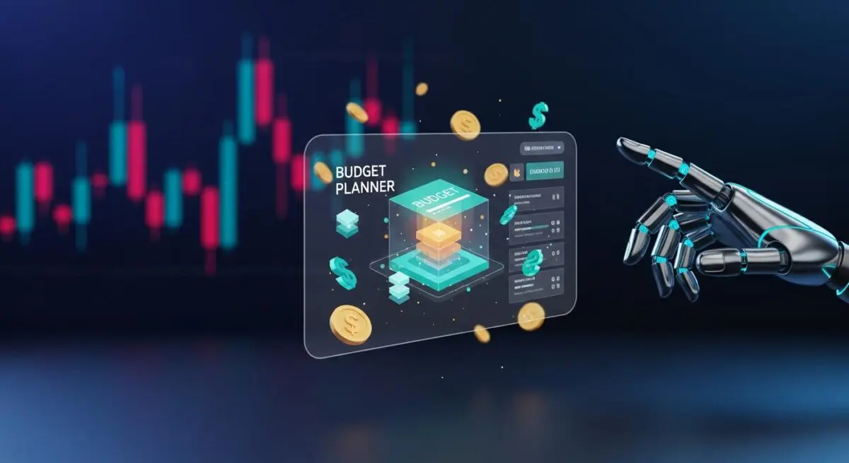 Robot hand interacting with a "Budget Planner" interface, showcasing the best FinTech tools for personal financial planning and budgeting.
