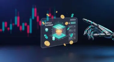 Robot hand interacting with a "Budget Planner" interface, showcasing the best FinTech tools for personal financial planning and budgeting.
