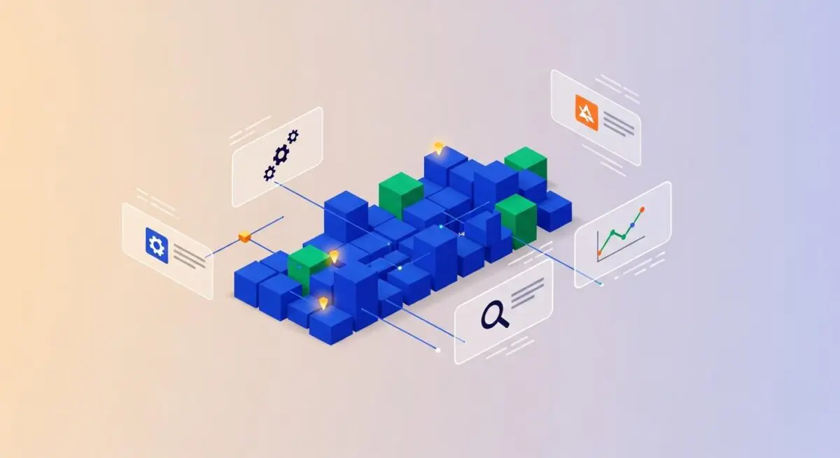 Abstract data blocks and icons representing growth and search for the best FinTech tools for a risk-tolerant person.