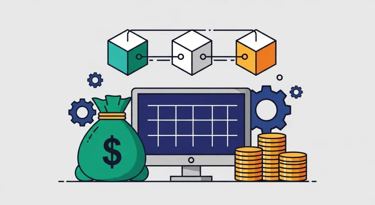 Illustration of a money bag, computer screen, coins, and gears, representing the best FinTech tools for SaaS.