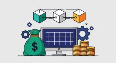Illustration of a money bag, computer screen, coins, and gears, representing the best FinTech tools for SaaS.