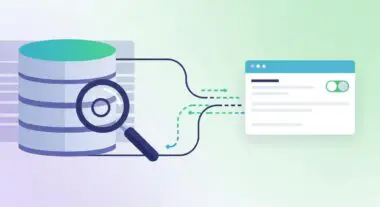 Magnifying glass over a database cylinder connecting to a web interface, representing Better Search Replace functionality.